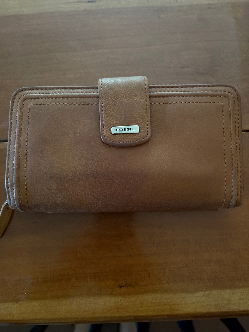 Fossil Brown Leather Zip Wallet with Snap Strap